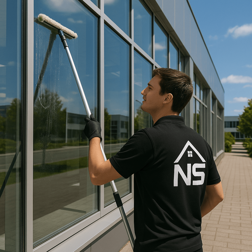 Mitarbeiter von Nah Services bei der professionellen Glasreinigung der Fensterfront eines Bürogebäudes in Düsseldorf für einen streifenfreien Durchblick.