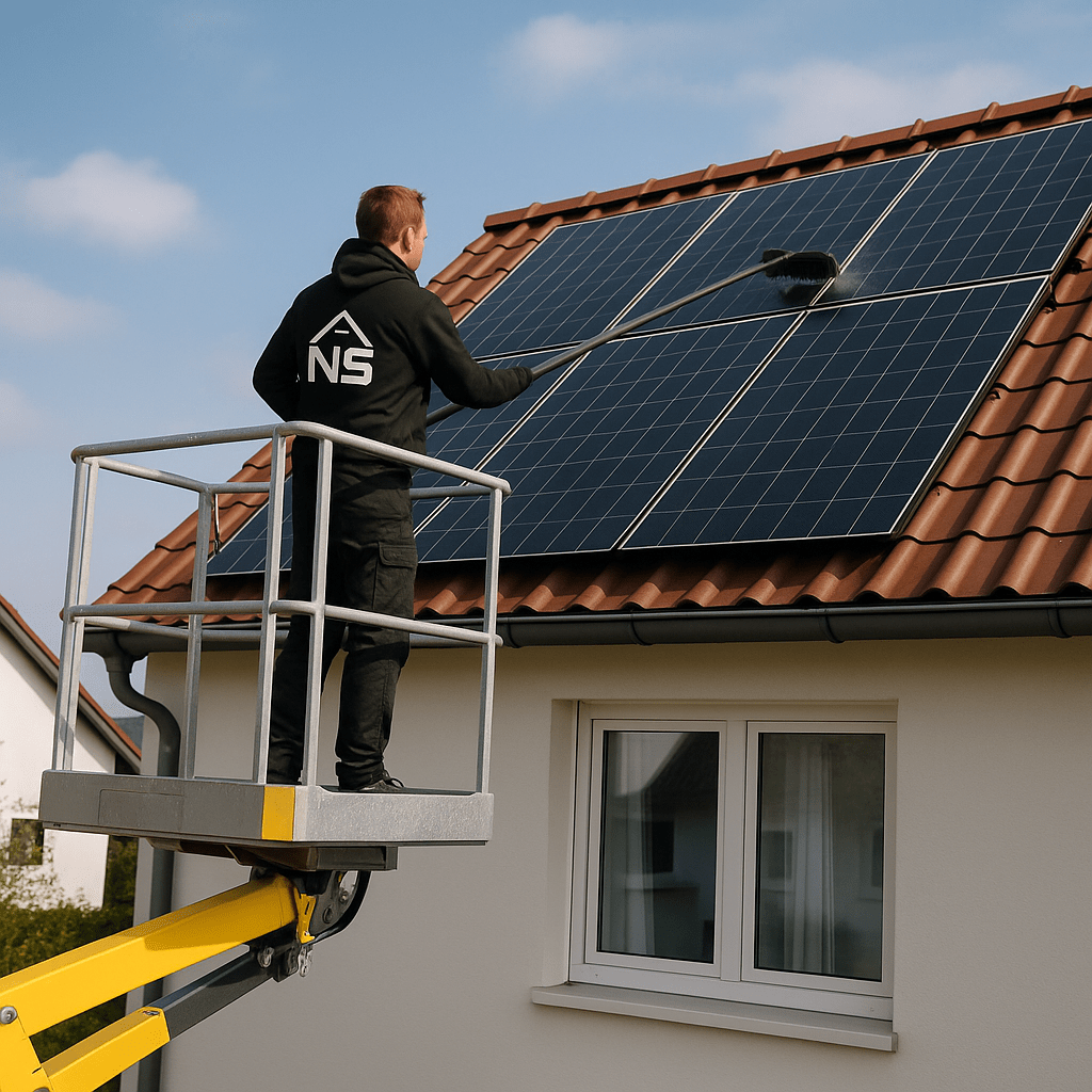 Ein Mitarbeiter von Nah Servicves bei der Solarreinigung