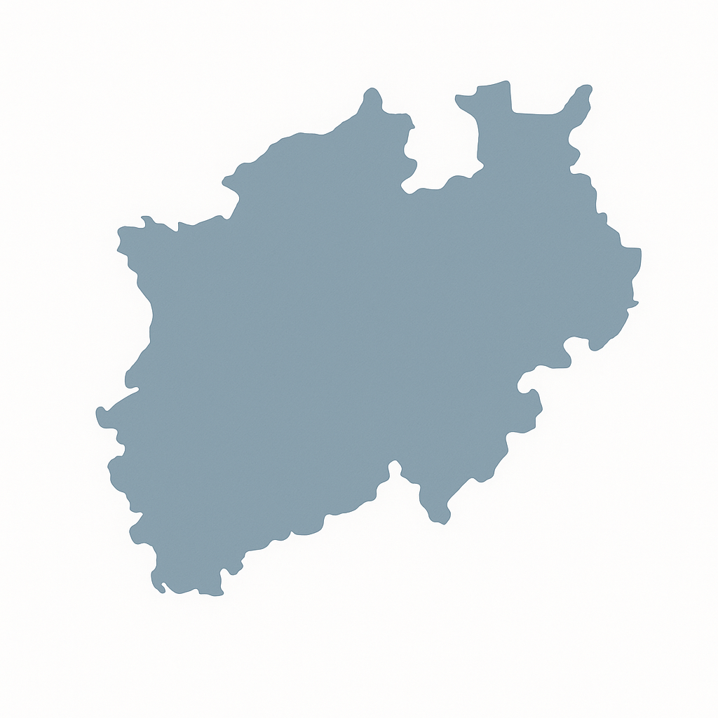 Karte von NRW, die die Standorte und das Einsatzgebiet von Nah Services darstellt. Unsere Schwerpunkte sind Neuss, Düsseldorf und ganz Nordrhein-Westfalen.