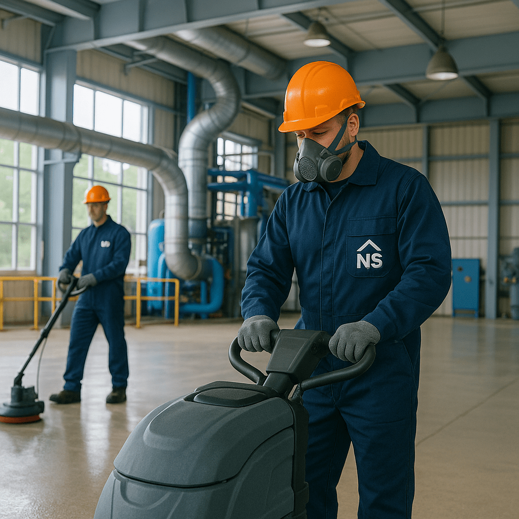 Fachkräfte von Nah Services bei der professionellen Industriereinigung und Bauendreinigung einer Halle in Düsseldorf, mit Schutzausrüstung und Reinigungsmaschinen.