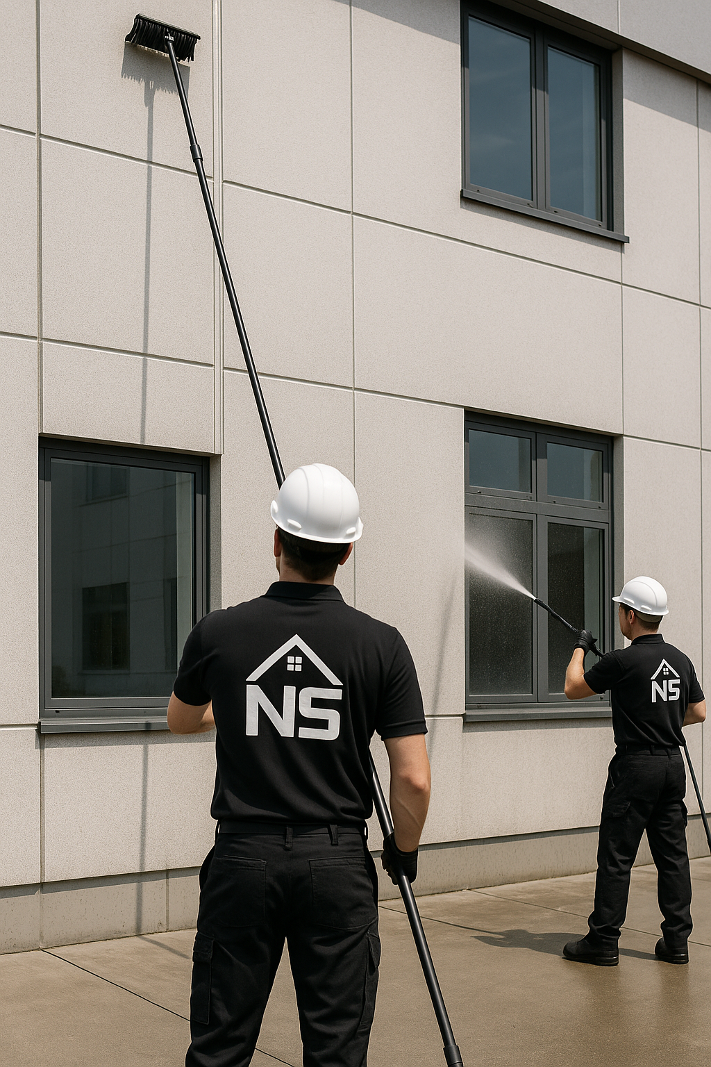 Das Team von Nah Services bei der Fassadenreinigung
